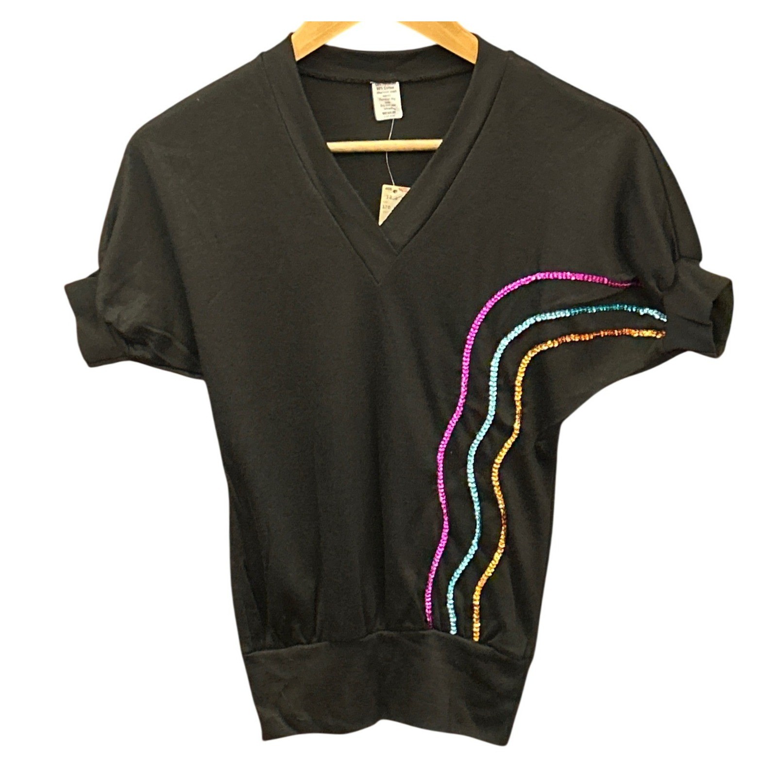 Vintage 80″s Deadstock Woolco Sequin Rainbow V-Neck Top Retro Disco New Wave