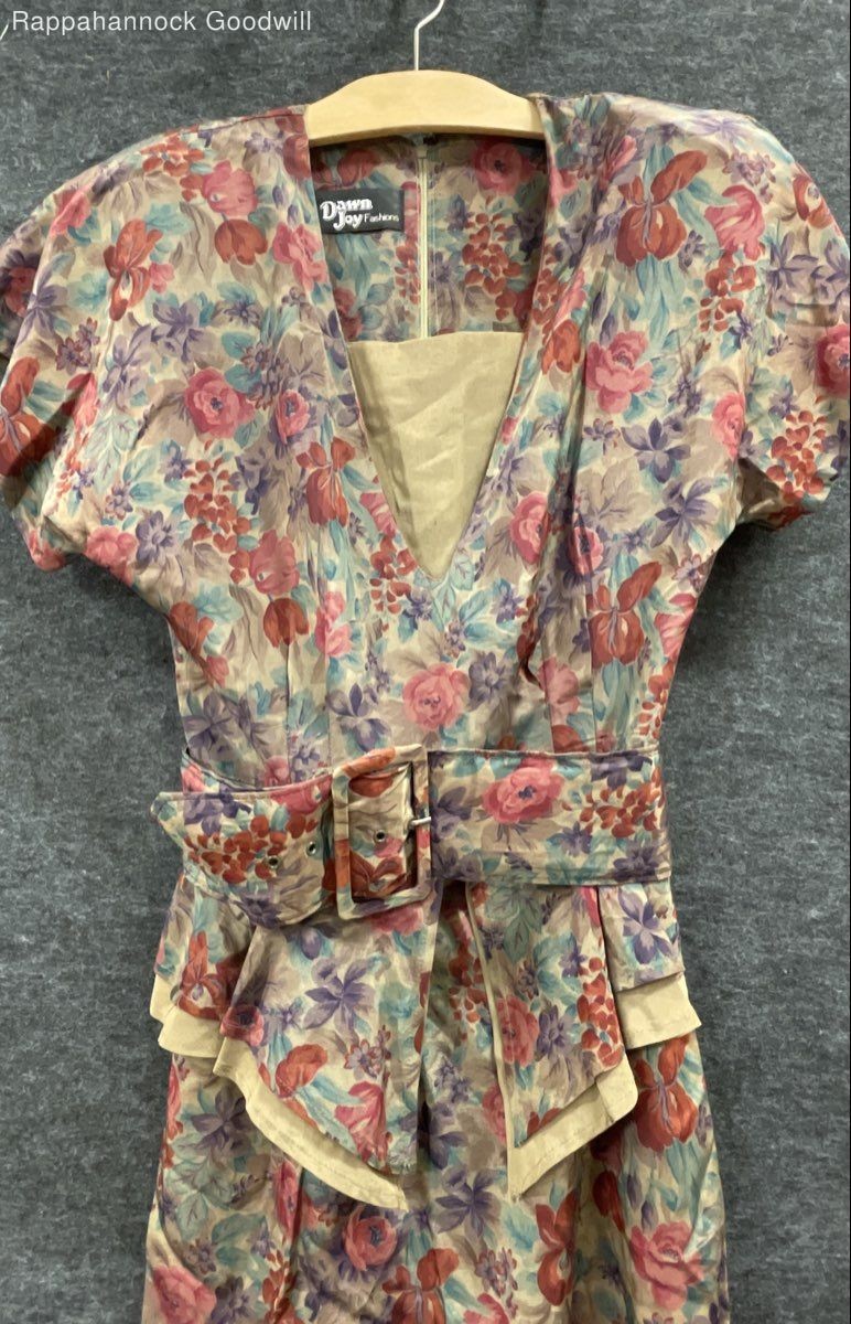 Vintage 80s Dawn Joy Fashions Women’s Multicolor Floral Peplum Belted Dress