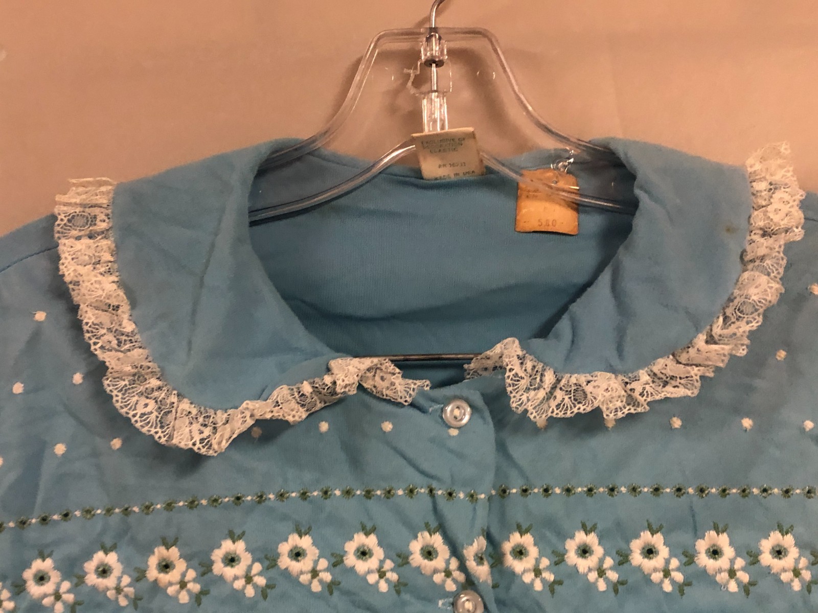 Vintage 70s Blue Pajama Set M Acetate Nylon Lace Smocked Floral NOS USA