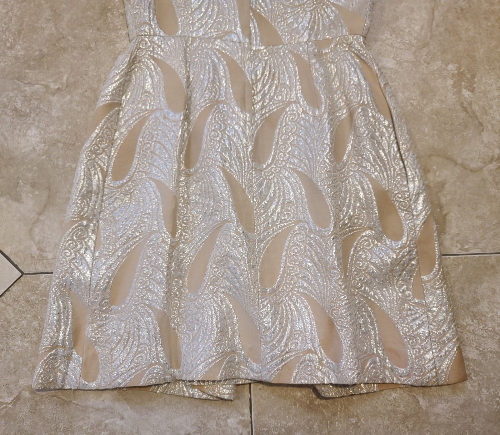 VTG MOD 60 Eve Le Coq Tan Metallic Silver Lame Brocade Paisley Dress Women’s S-M