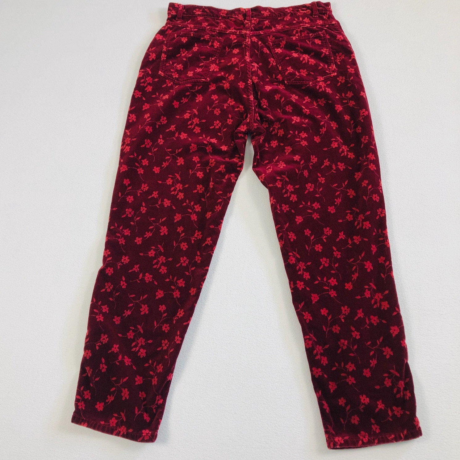 Bill Blass Burgundy Floral Velvet pants Vintage 1990s easy fit Size 16 Waist 34″