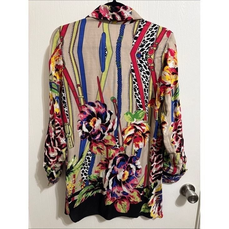 Vintage Mischa Vibrant Floral Button Down Tunic Long Sleeve Blouse Women’s Small