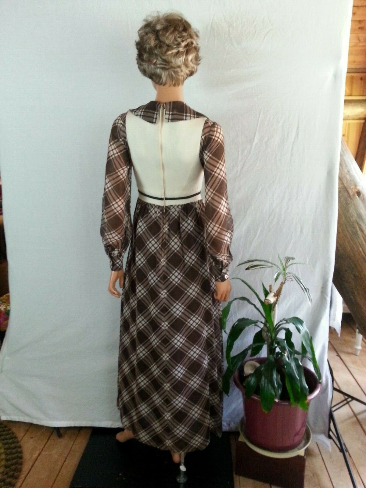 Vtg 70s Pedestal Maxi Long Dress Brown Cream Checks Long Sheer Sleeve Hippy P/XS