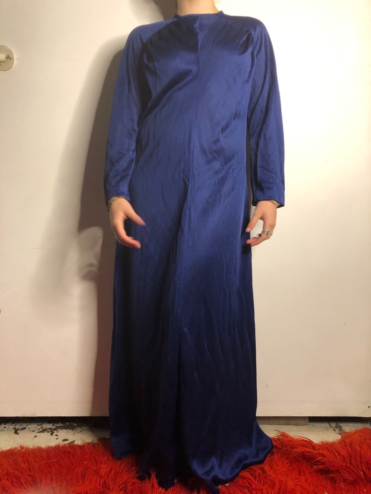 Vintage 1970s US Papillon Navy Blue Maxi Dress Polyester Grannycore AU 12 14 40″