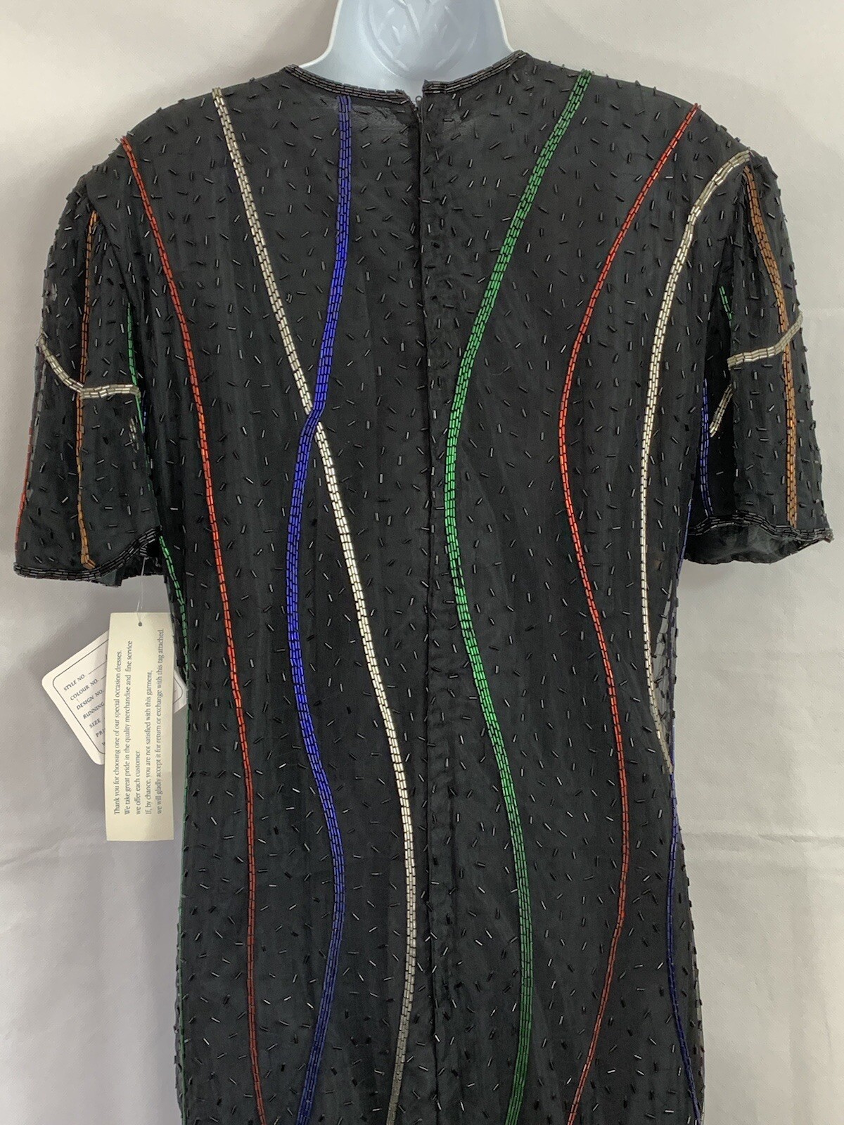 NWTs Vintage Sweelo Sz M Silk Black Multicolored Beaded Dress Lined Short Sleeve