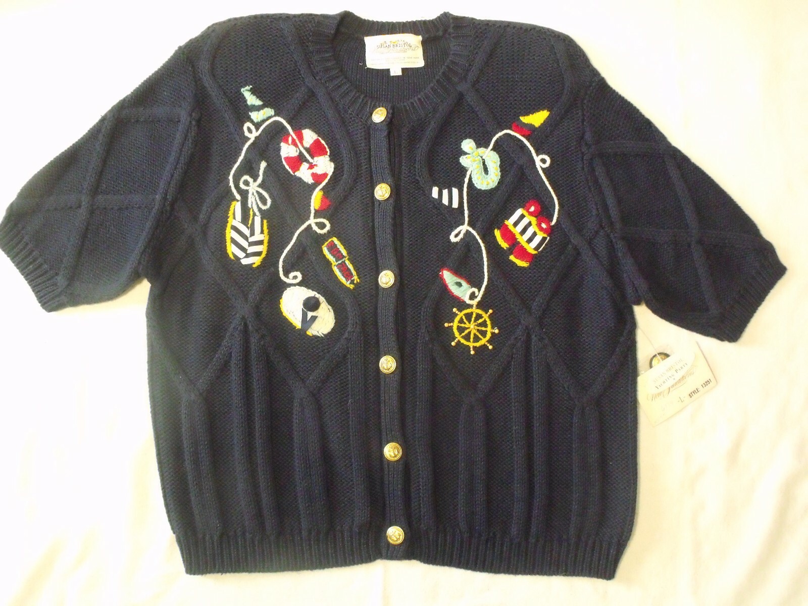 SUSAN BRISTOL L Embroidered Yachting Party Blue Sailing Sweater Vintage New Tags