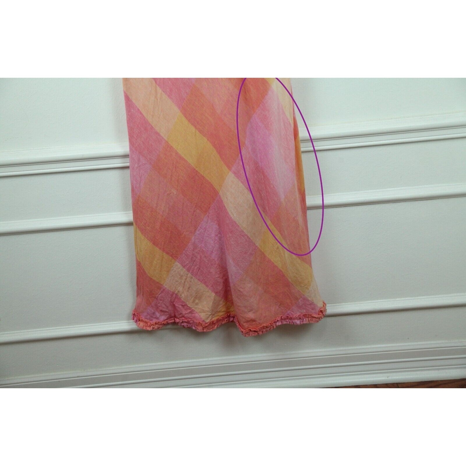 Vintage 90s Linen Maxi Dress Pastel Pink Plaid Country Club Preppy Bias 16 FLAW