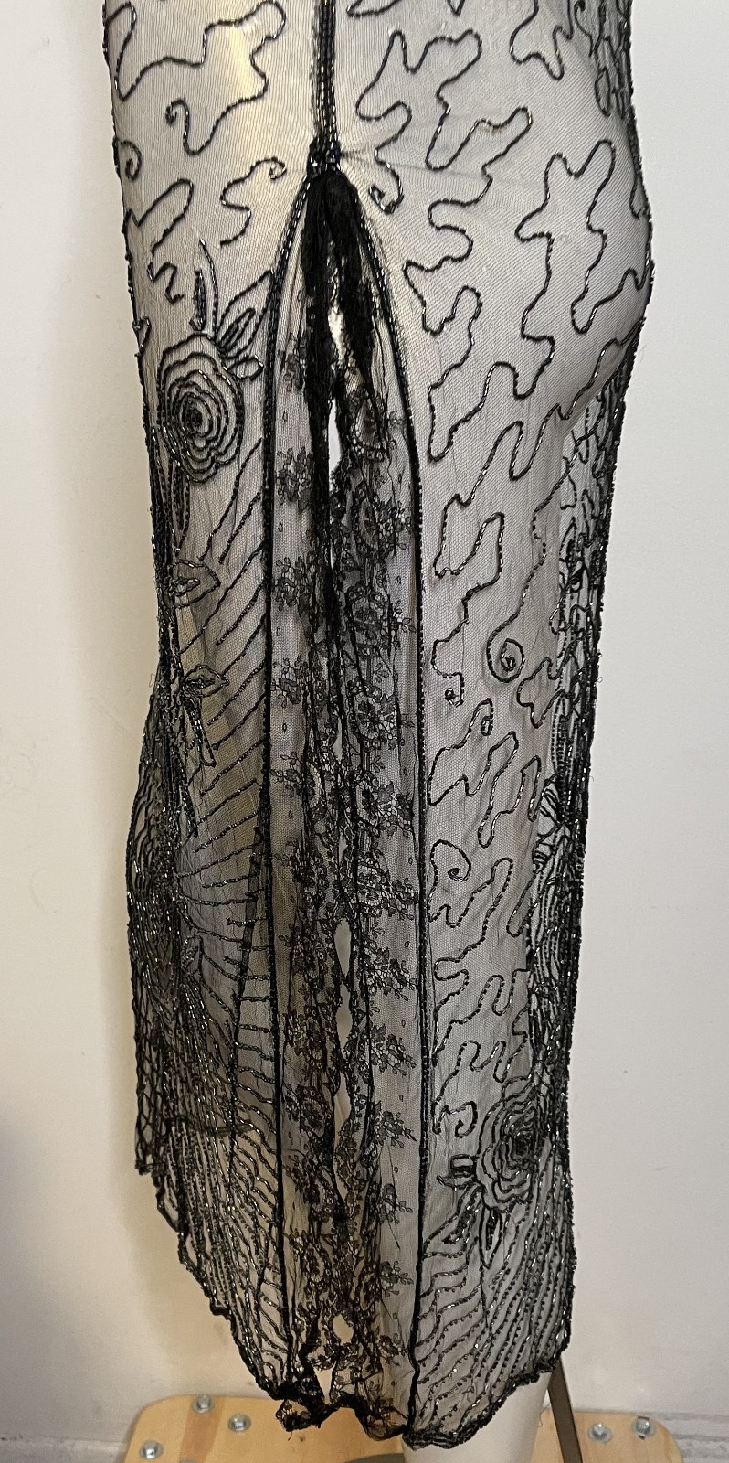 Antique 30s Art Deco Black Lace Sheer Beaded Dress S XS Floral Holes