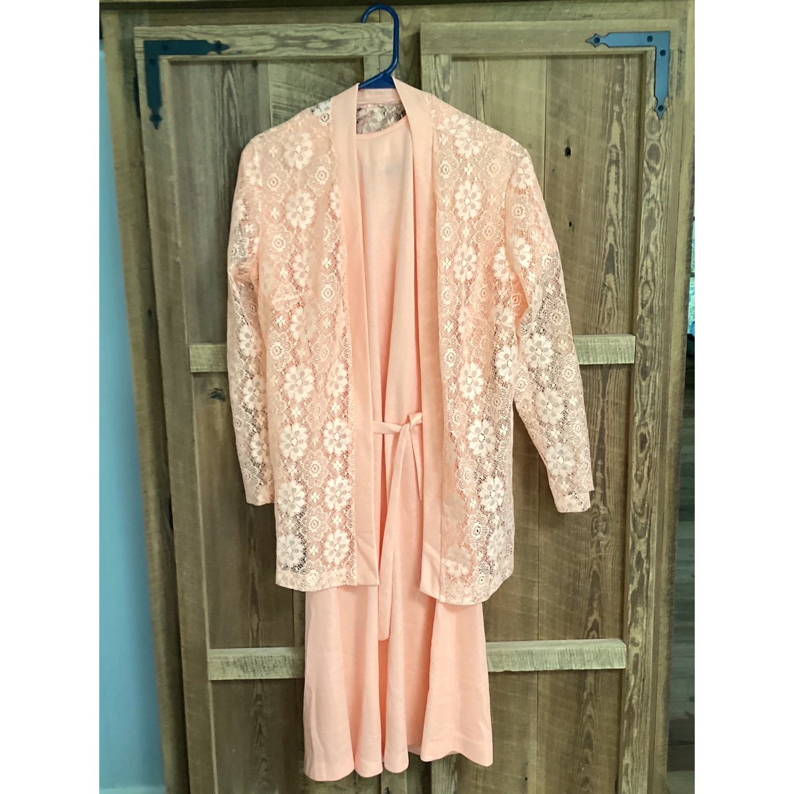 Vintage Peach Lace 2 Piece Dress Set Cardigan Jacket Midi Formal Apricot