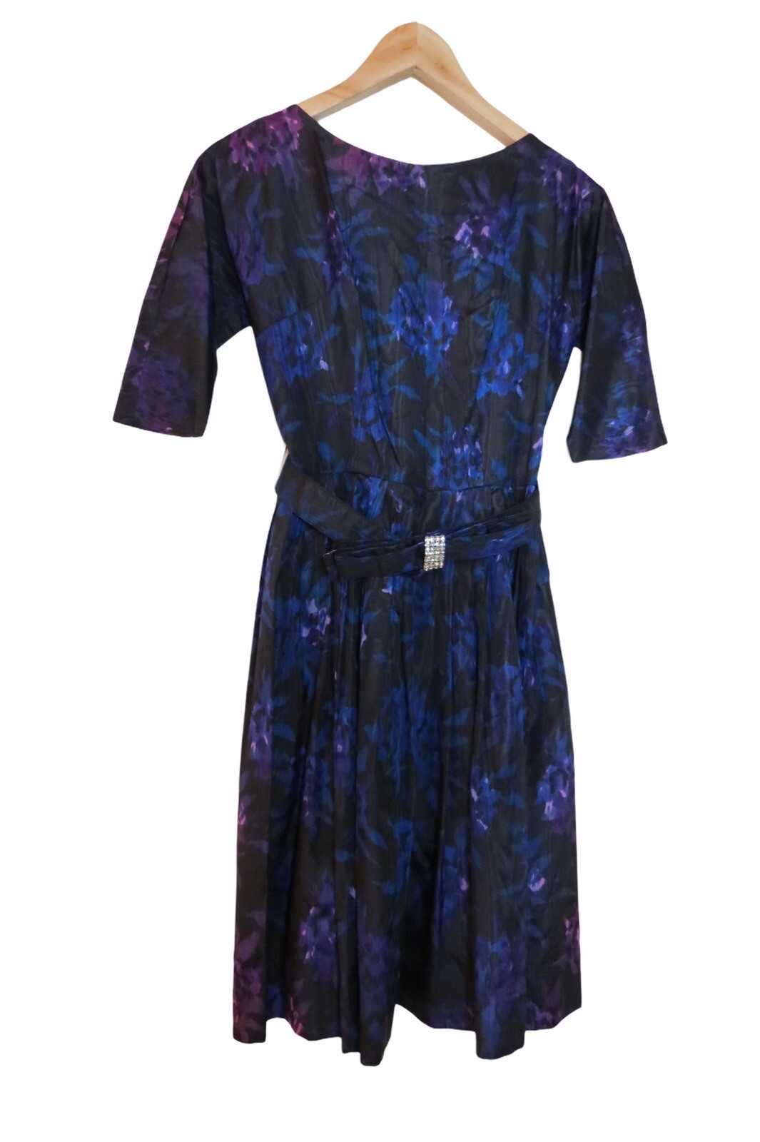 Vintage 50s 60s Blue Purple Floral Rhinestone Belt Dress 2 4 0578