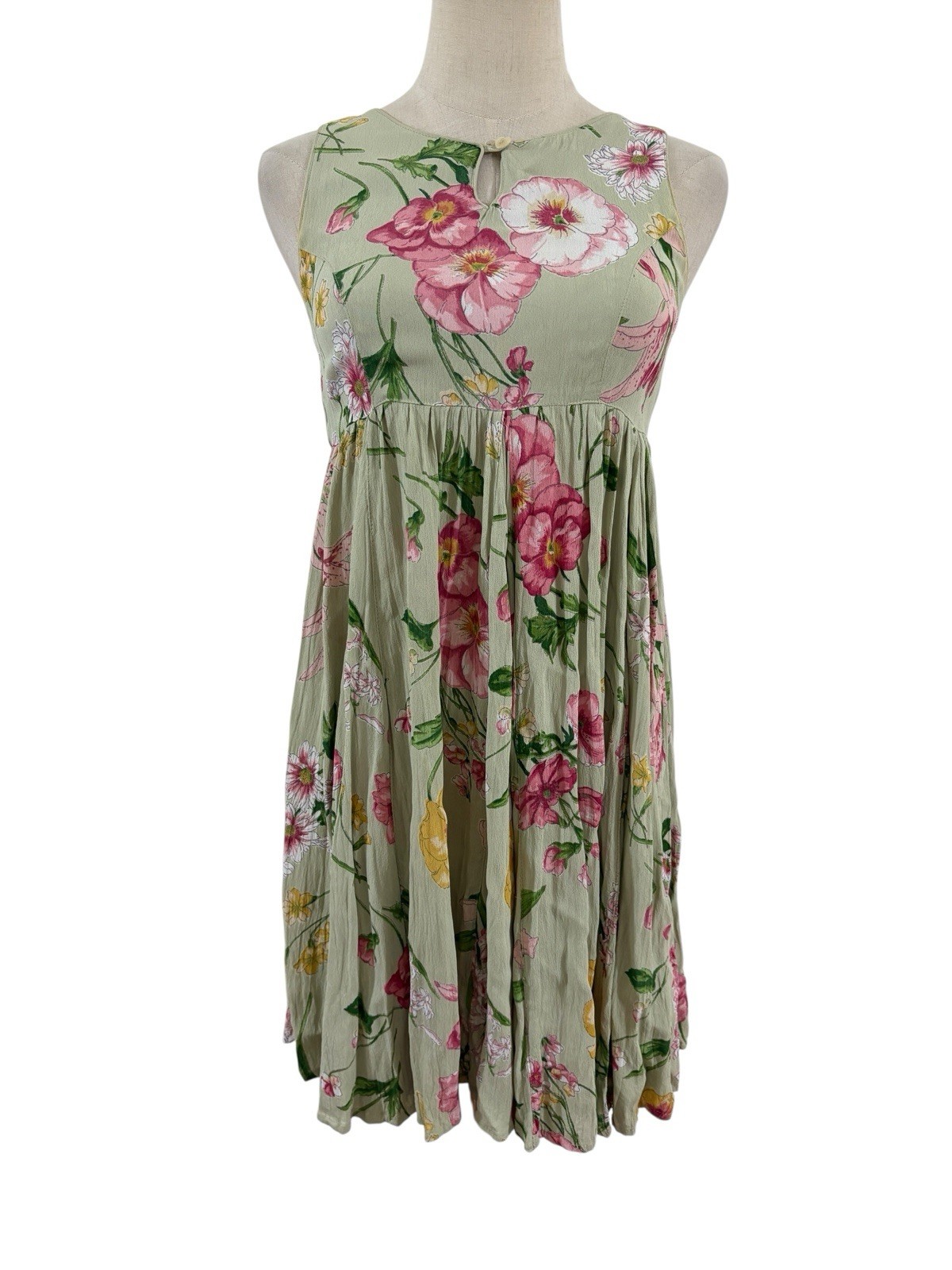 Vtg 90s Starina Babydoll Mini Dress Sz S Green Floral Grunge Garden Party Boho