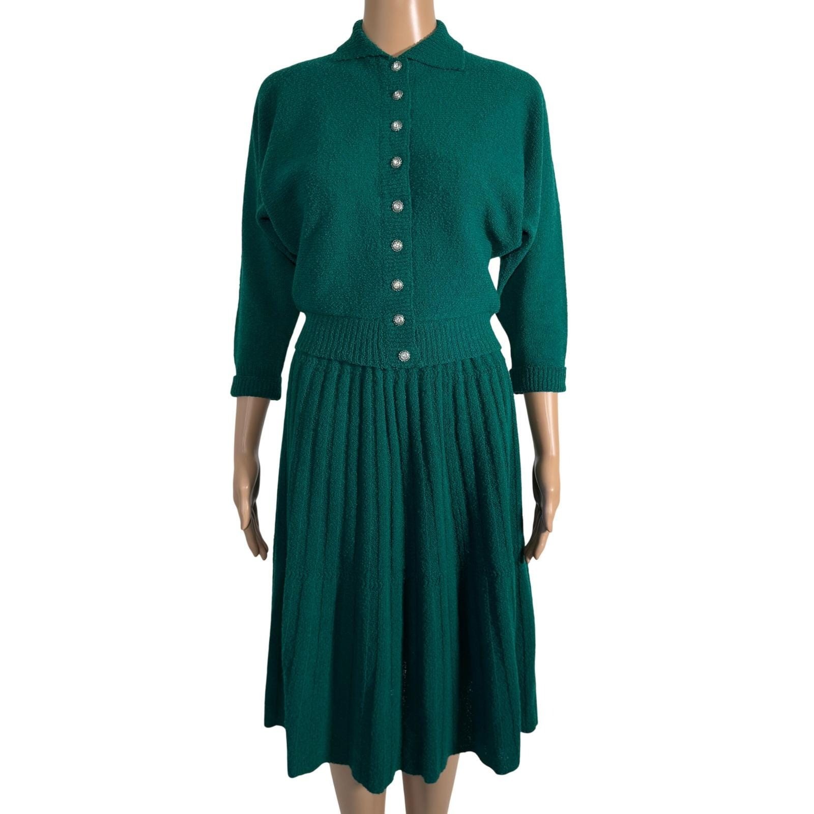 Vtg Lass O Scotland 100% Wool 2 Piece Skirt Set Emerald Green Rhinestone Small
