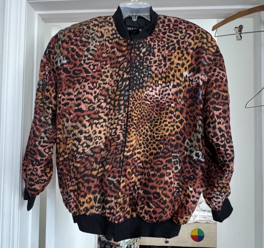 Silk Club Silk Bomber Jacket 1980s Animal Print Shoulder Pads Zip Up