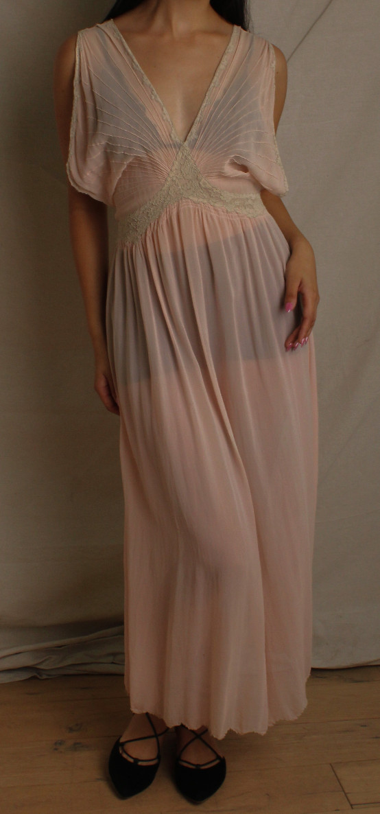 Vtg 30s Pleated Pink Silk Chiffon Lace Insertion Slip Dress Long Gown