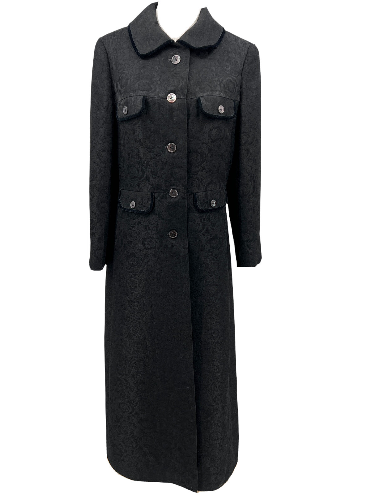 Vtg 60s Harrods Mono London Womens Black Damask Maxi Car Dress Coat Chest 35″