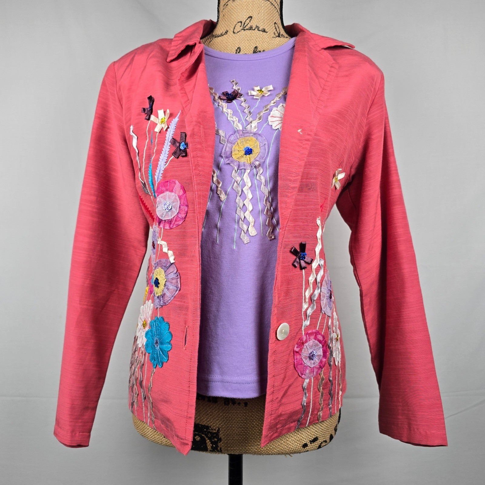 Indigo Moon Womens 2 Piece Set Jacket & T-Shirt Floral Embroidered Pink Purple S