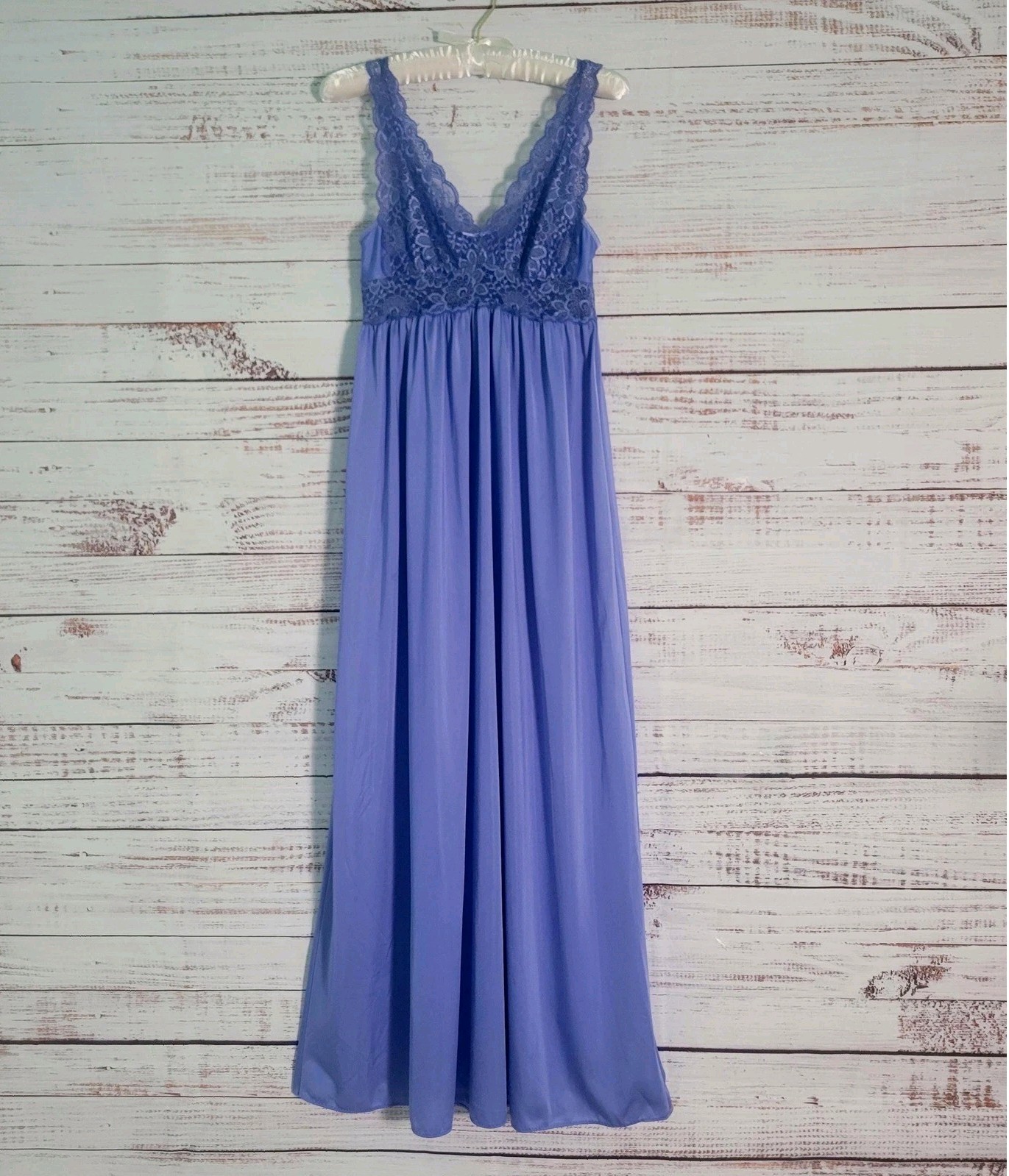 Vintage Shadowline Nightgown Long Periwinkle Blue Purple Lace Bodice Maxi