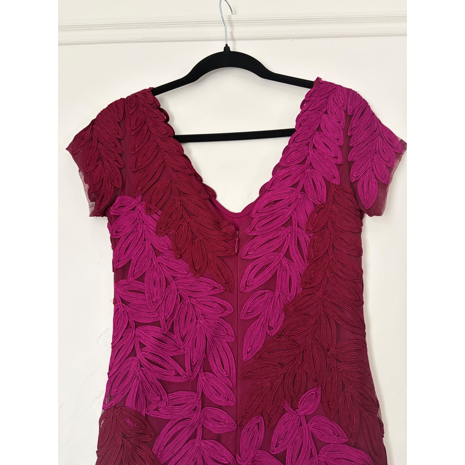 JS Collection Hot Pink Plum Soutache V-neck Midi Dress Leaf Embroidery size 4