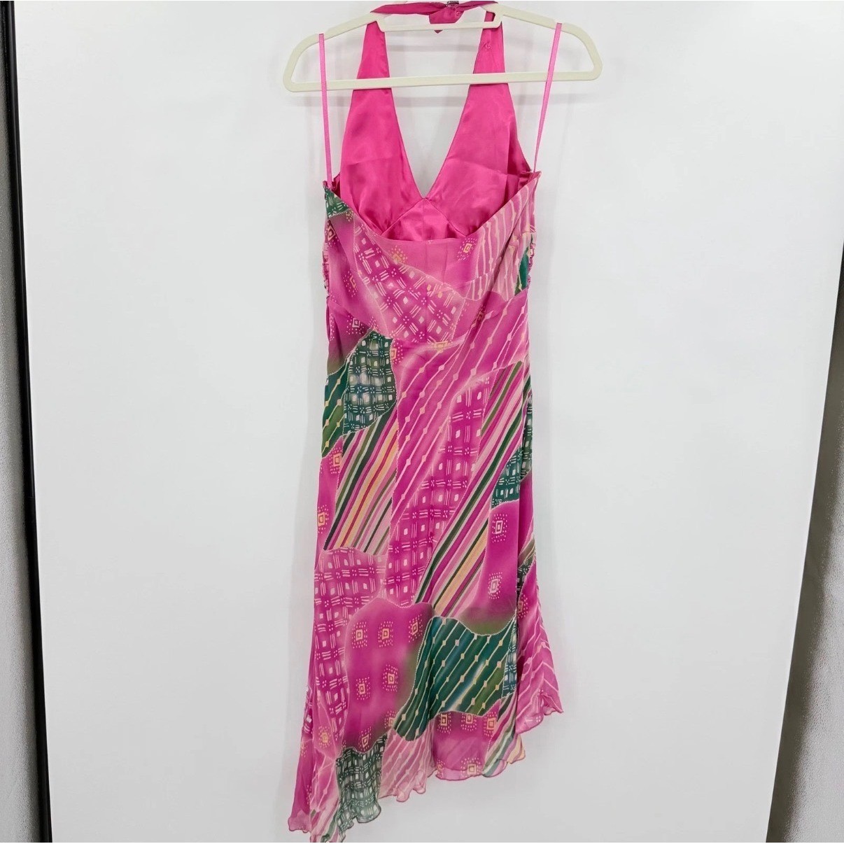 Michelle Antonelli Silk Halter Dress Womens 10 Pink Green Y2K Asymmetrical