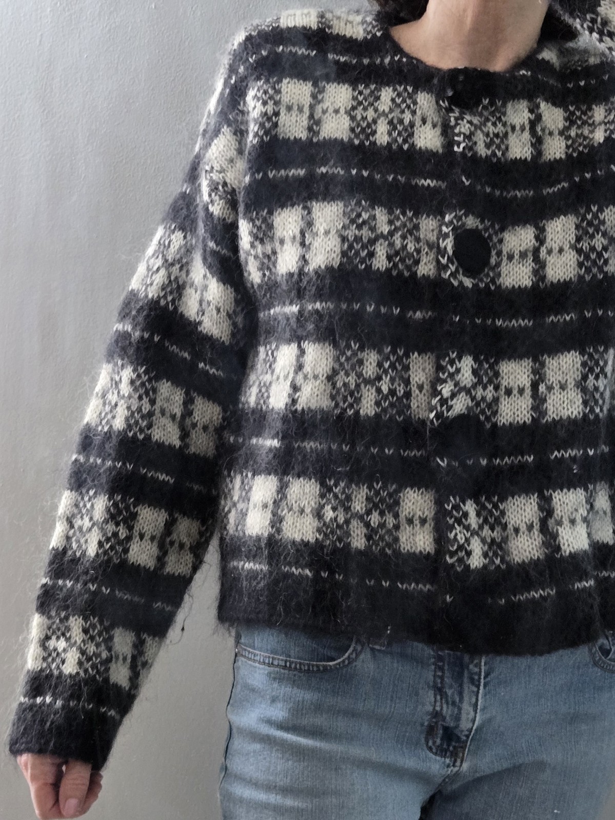 Vintage Boundary Waters Mohair Black White Striped Houndstooth Buttons Sweater
