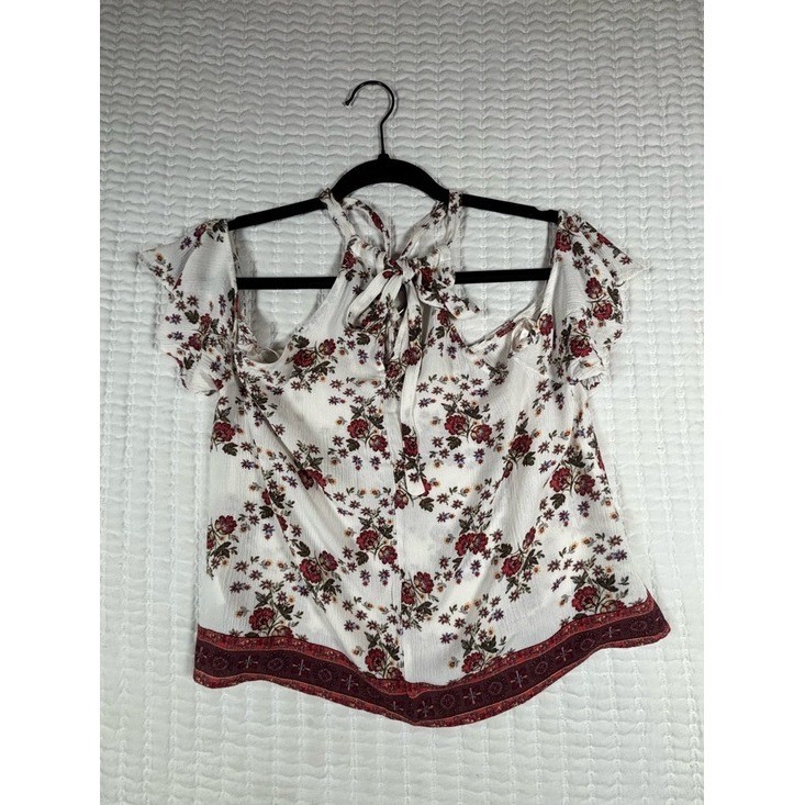 Chloe & Katie Floral Crop Top XS Boho Cottagecore Tie Front Cold Shoulder Rayon