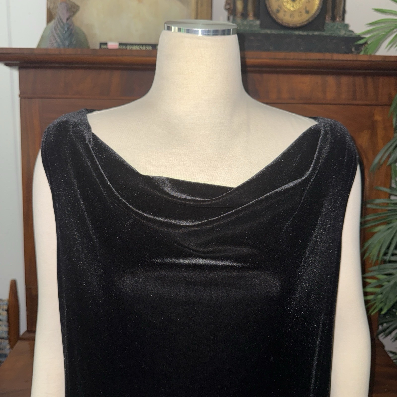 VTG JBS Ltd Black Velvet Maxi Shift Dress Cowl Neck 90s Whimsigoth Goth Womens