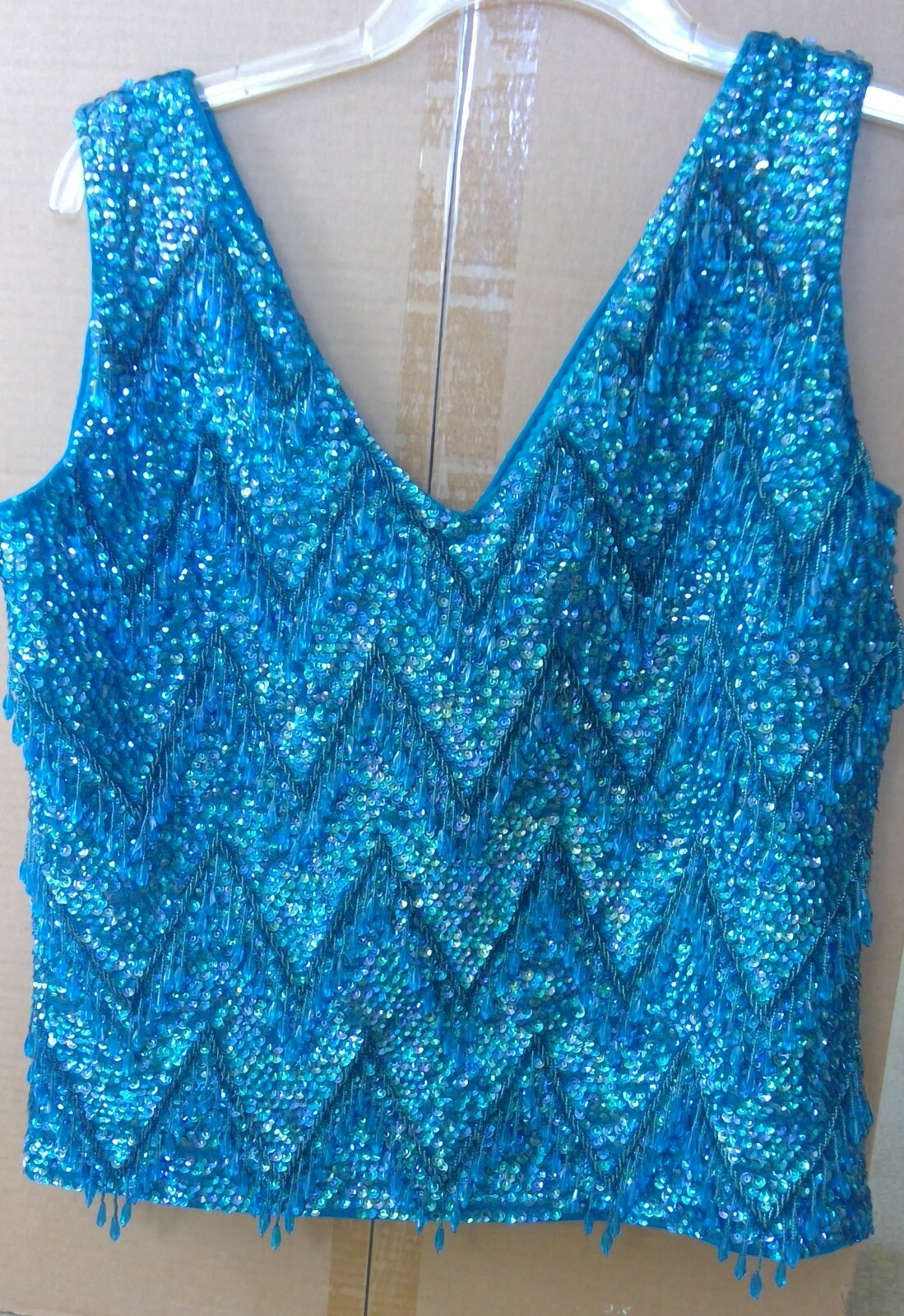 Vtg Forecast Shops Top Blue Sequin/Beads Zipper Back Sz 12 British Hong Kong