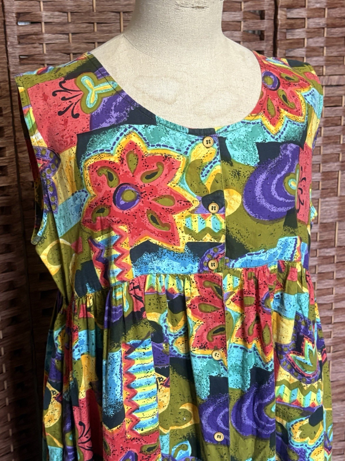 Vintage Sita Bright Floral Psychedelic Oversized Mumu House Dress Kaftan Medium