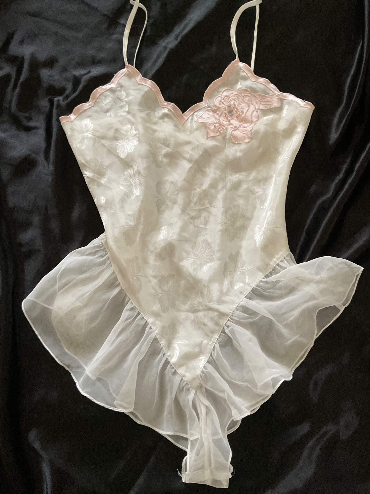 Vtg. Victoria’s Secret White Satin Bodysuit Teddy Chiffon Bridal Nightie Teddie