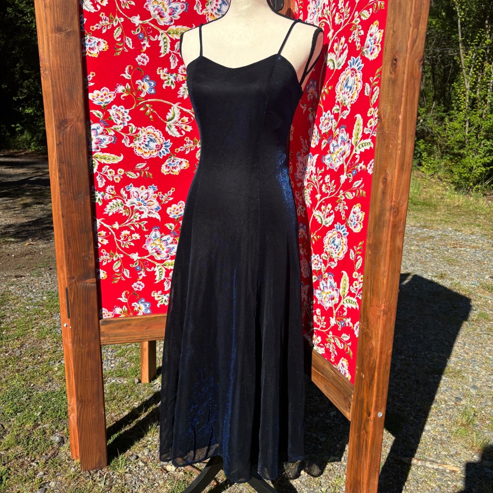 VTG Black+Blue Iridescent Whimsigoth Formal Wedding Guest Maxi Dress Size S