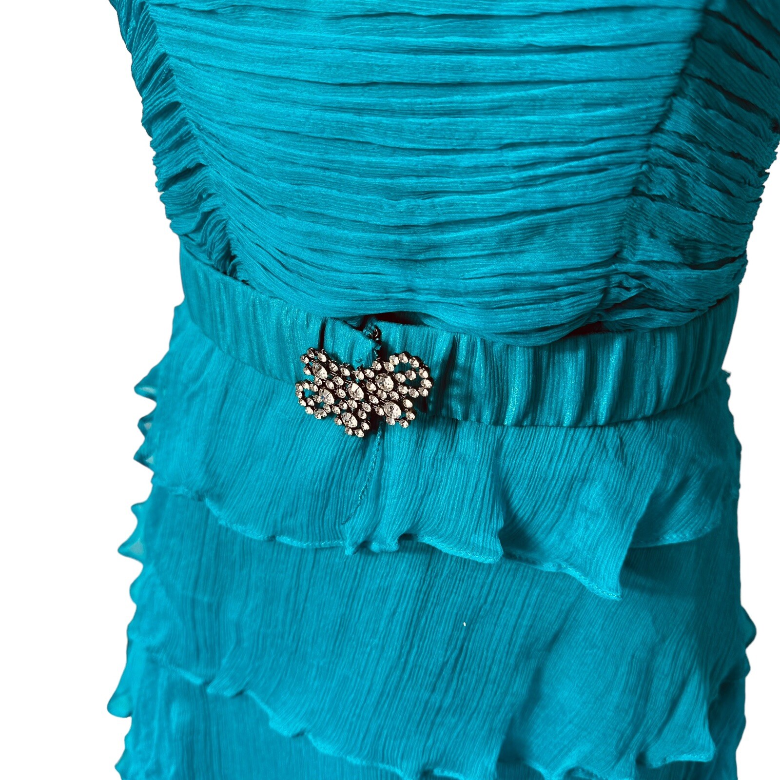 Vintage 90s Y2K Aqua Silk Tiered Formal Prom Dress Feather Trim Sz 10 McBling