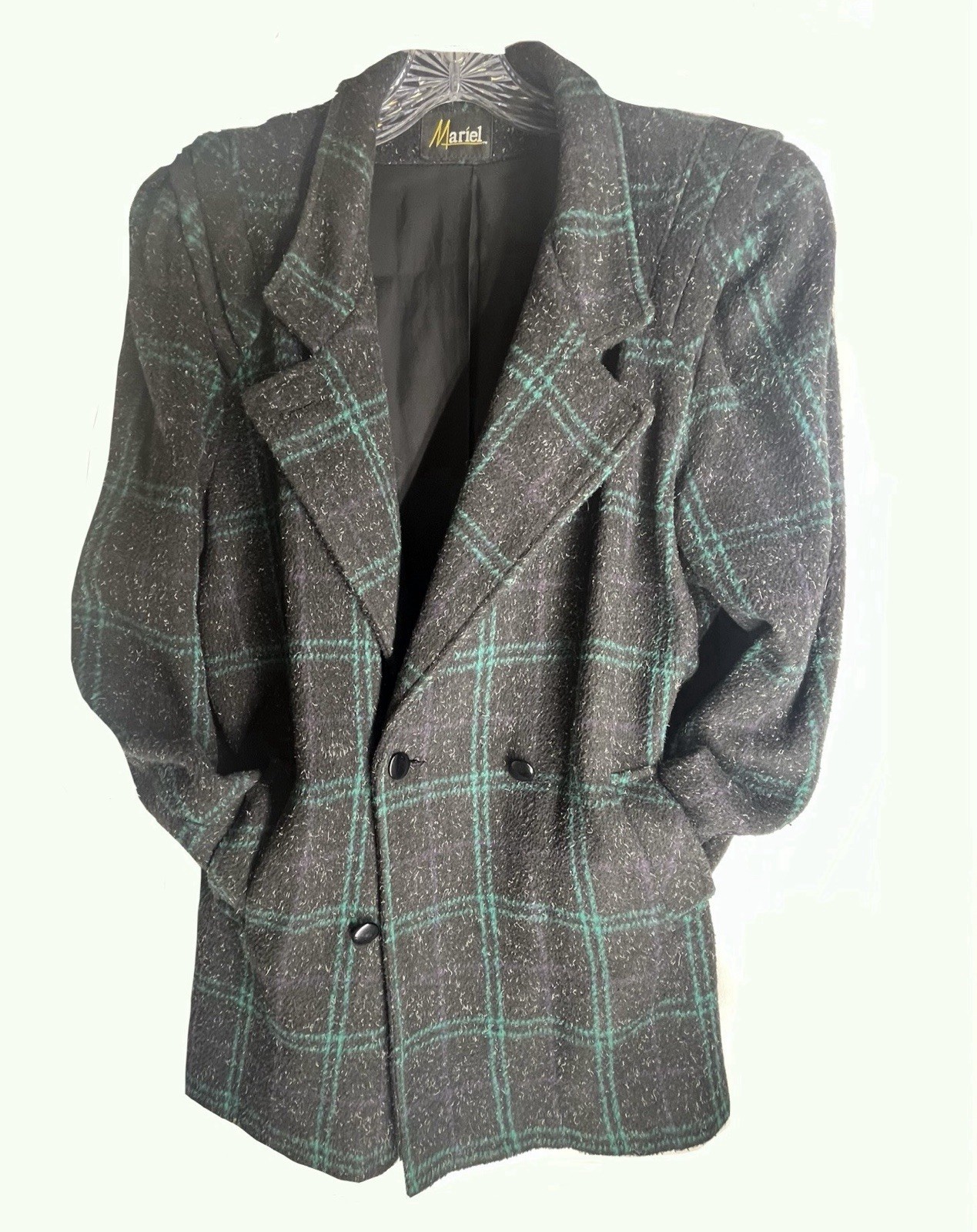 Blazer Size 18 Vintage 1980 Mariel shoulder pads Black And Green Wool Blend