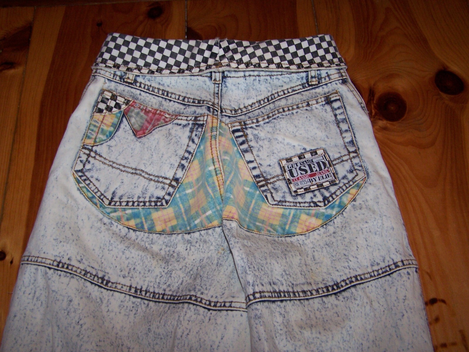 Vintage GET USED by ELIE High Waist Checked Plaid Patches Hip Hop Mom Jean 28