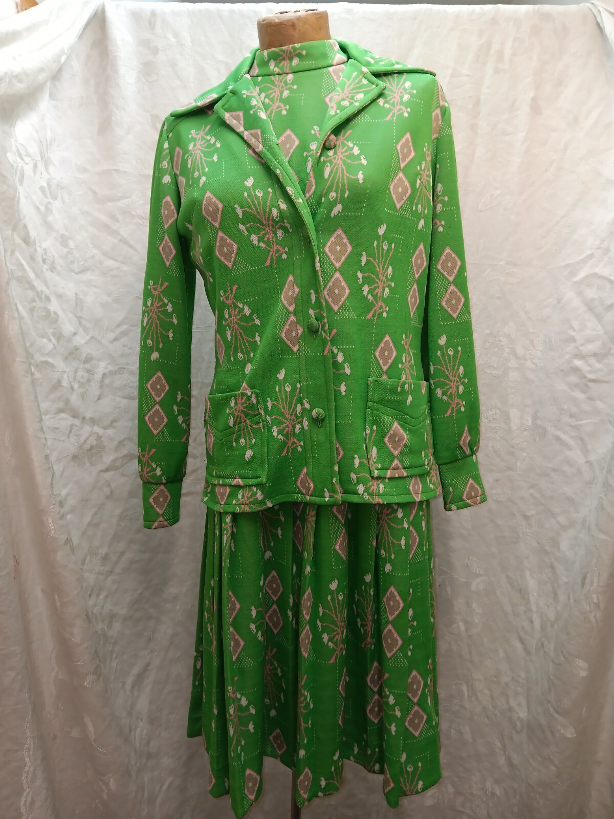 Vintage 70s Green Tan Pink Mod Poly Dress & Jacket by Krest Size Medium