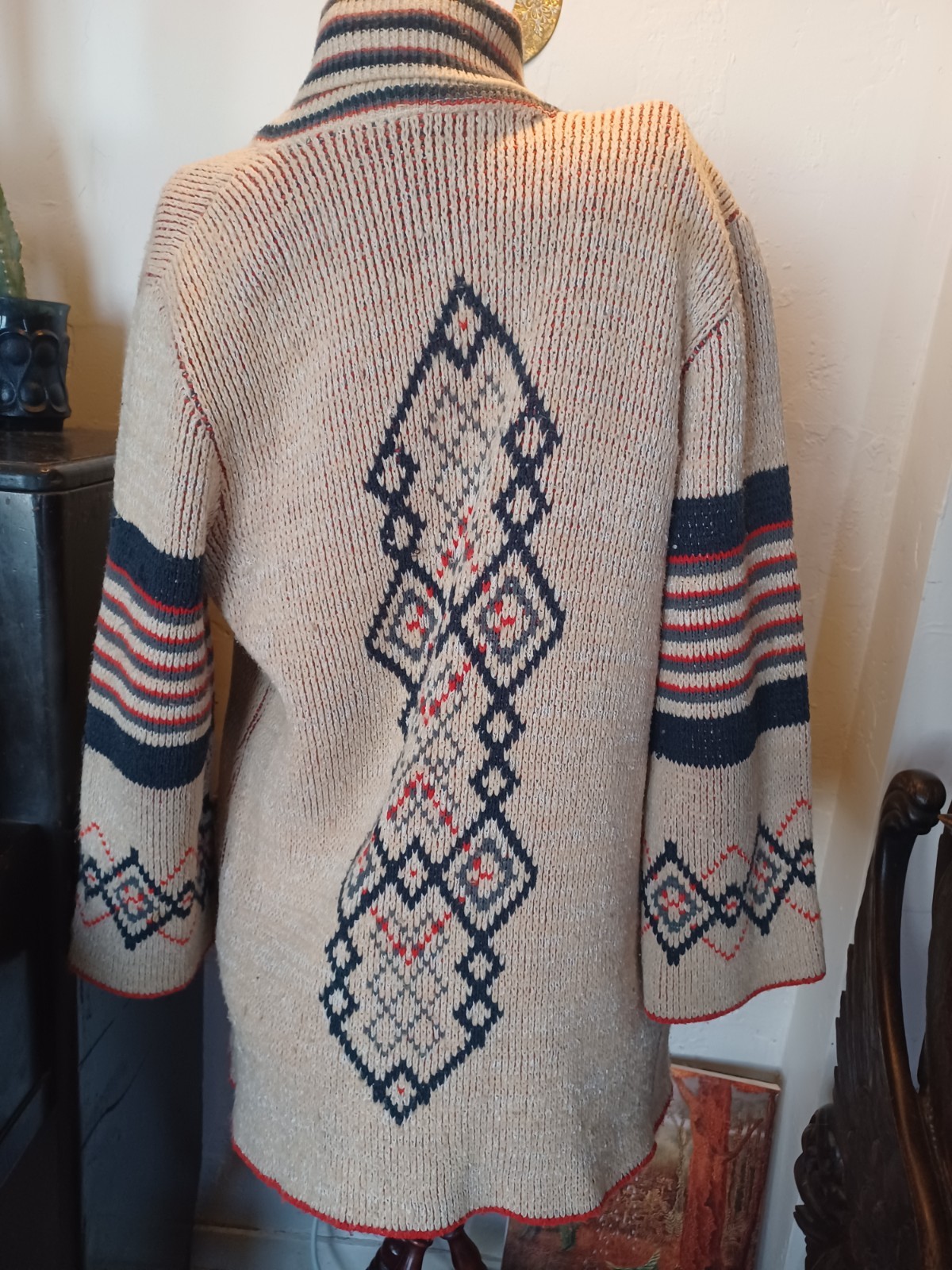 Vintage 70s Boho Geometric Pattern Shawl Collar Cardigan, Wintuck by Sabra