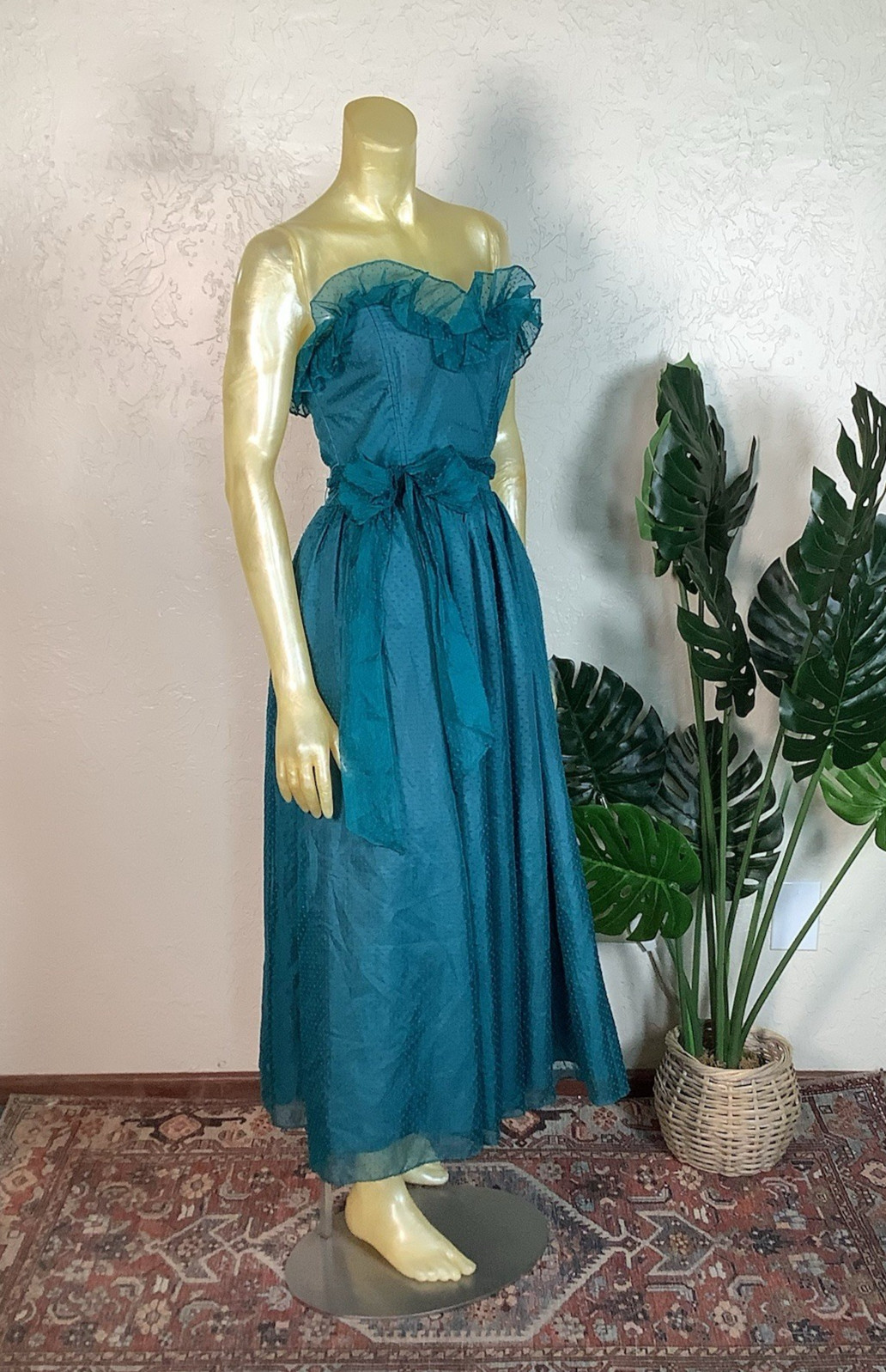 Vtg 1980s Gunne Sax Teal Swiss Dot Strapless Tea Length Semi-Formal Dress