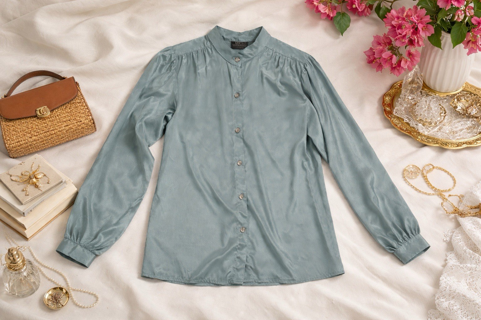 Vintage Sage Satin Blouse M L Band Collar 90s Minimalist Balletcore Silk Feel
