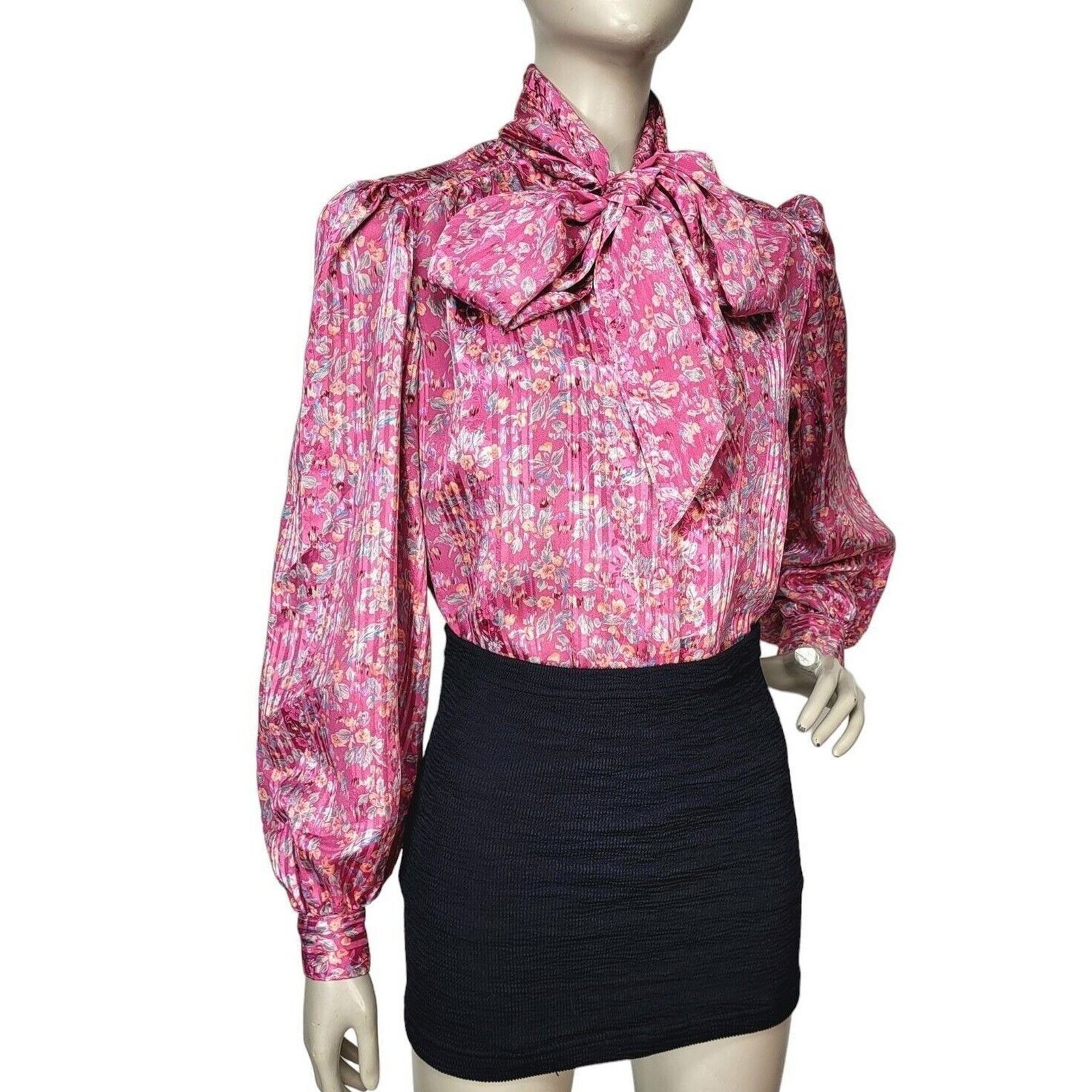 VTG 70s Pink Abstract Floral Neck Bow Puff Balloon Sleeve Satin Striped Blouse