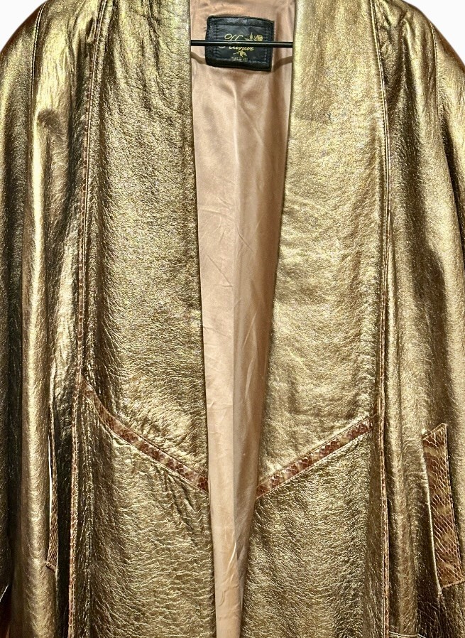 VTG 80s Kanar Gold Lame Metallic Leather Swing Coat Hollywood Glam XL / 2XL