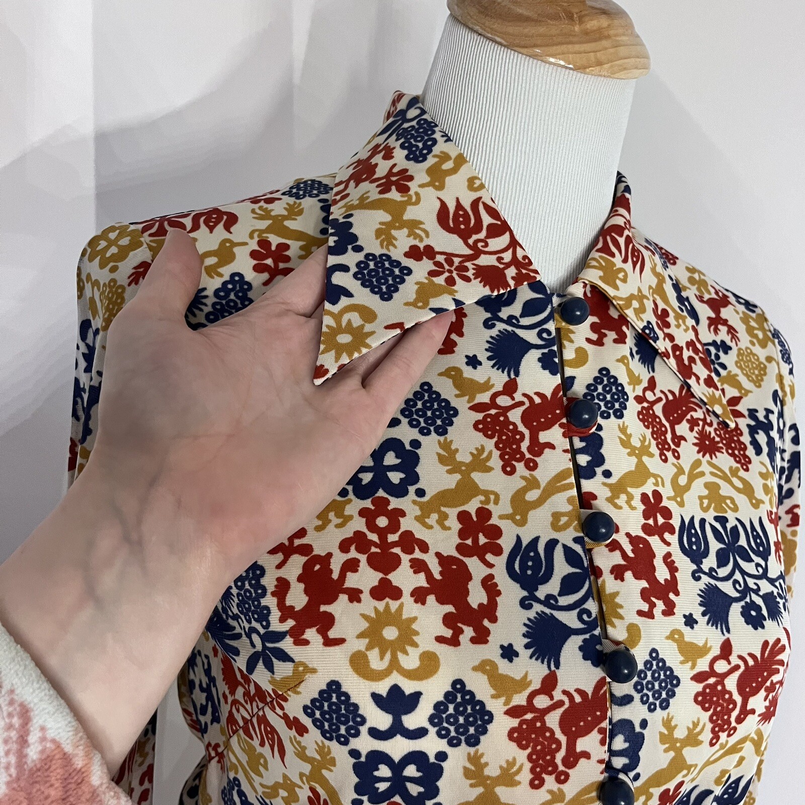 Vintage Homemade Modest Boho Peasant Dress Patterned Long Sleeve 70s
