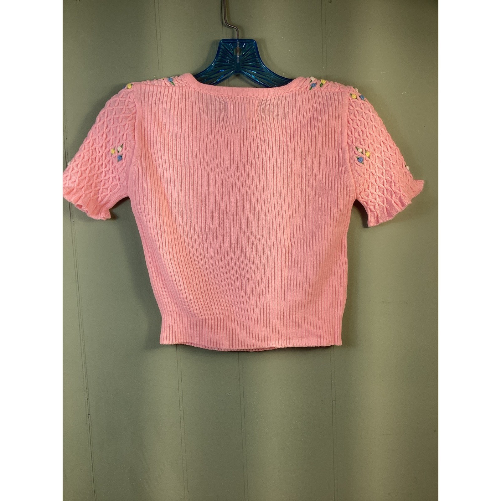 Vintage Pink Ribbed Knit Floral Embroidered Square Neck Short Sleeve Sweater S