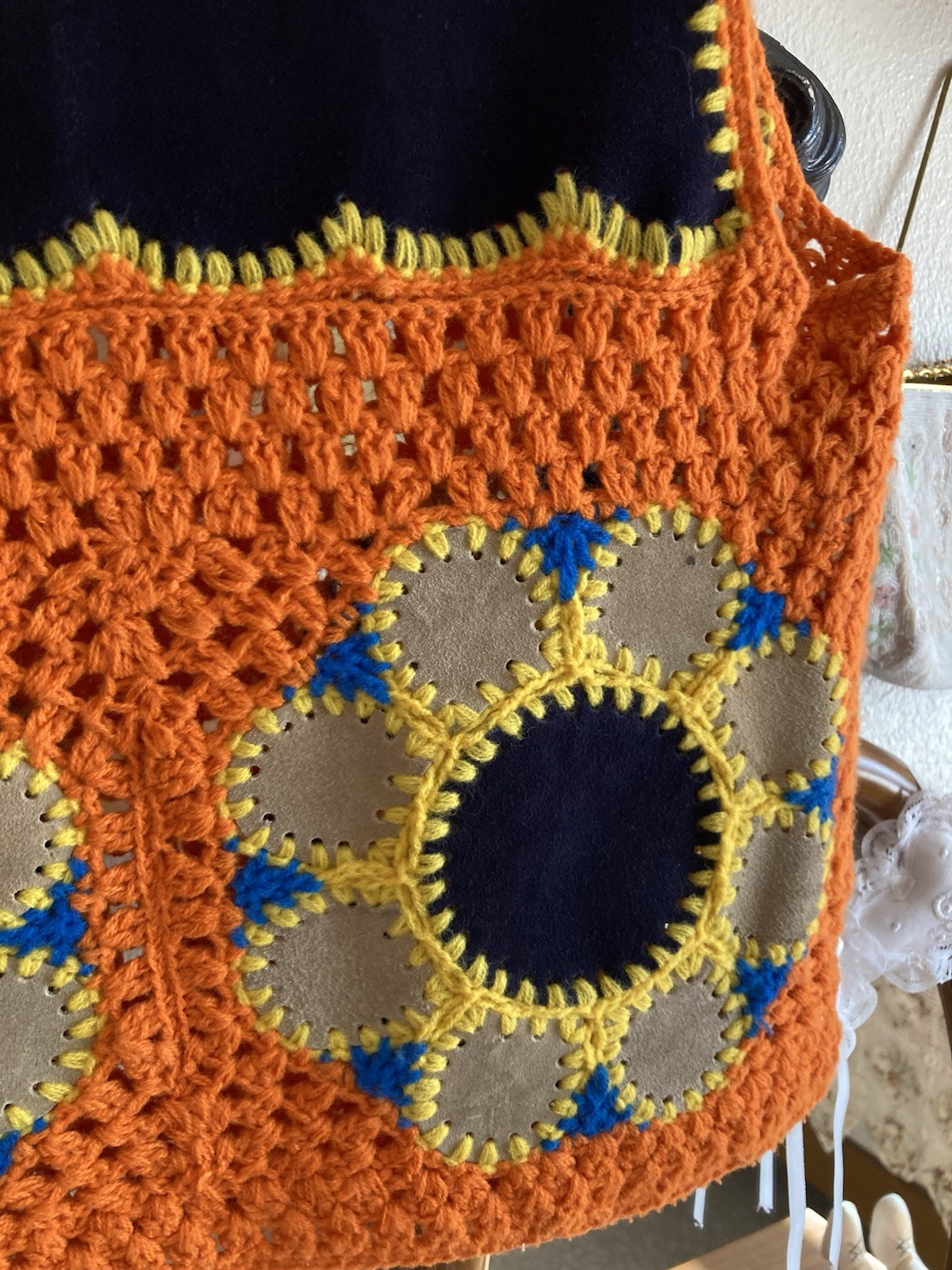 1970s Flower Power Suede Crochet Vest – Bust 34in
