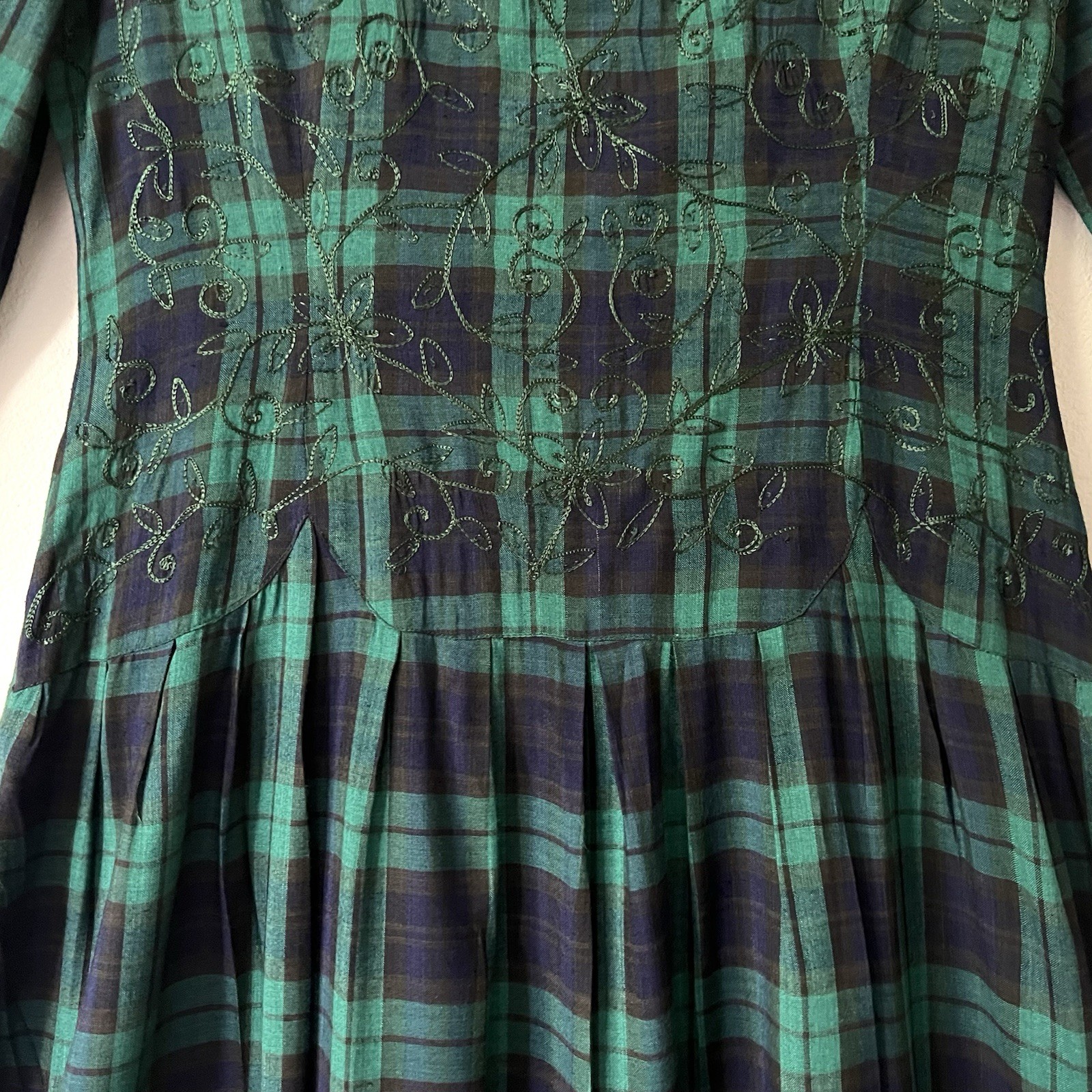 VTG LGS 90s Plaid Embroidered Drop Waist Maxi Dress 12 Tartan Plaid Shoulder Pad