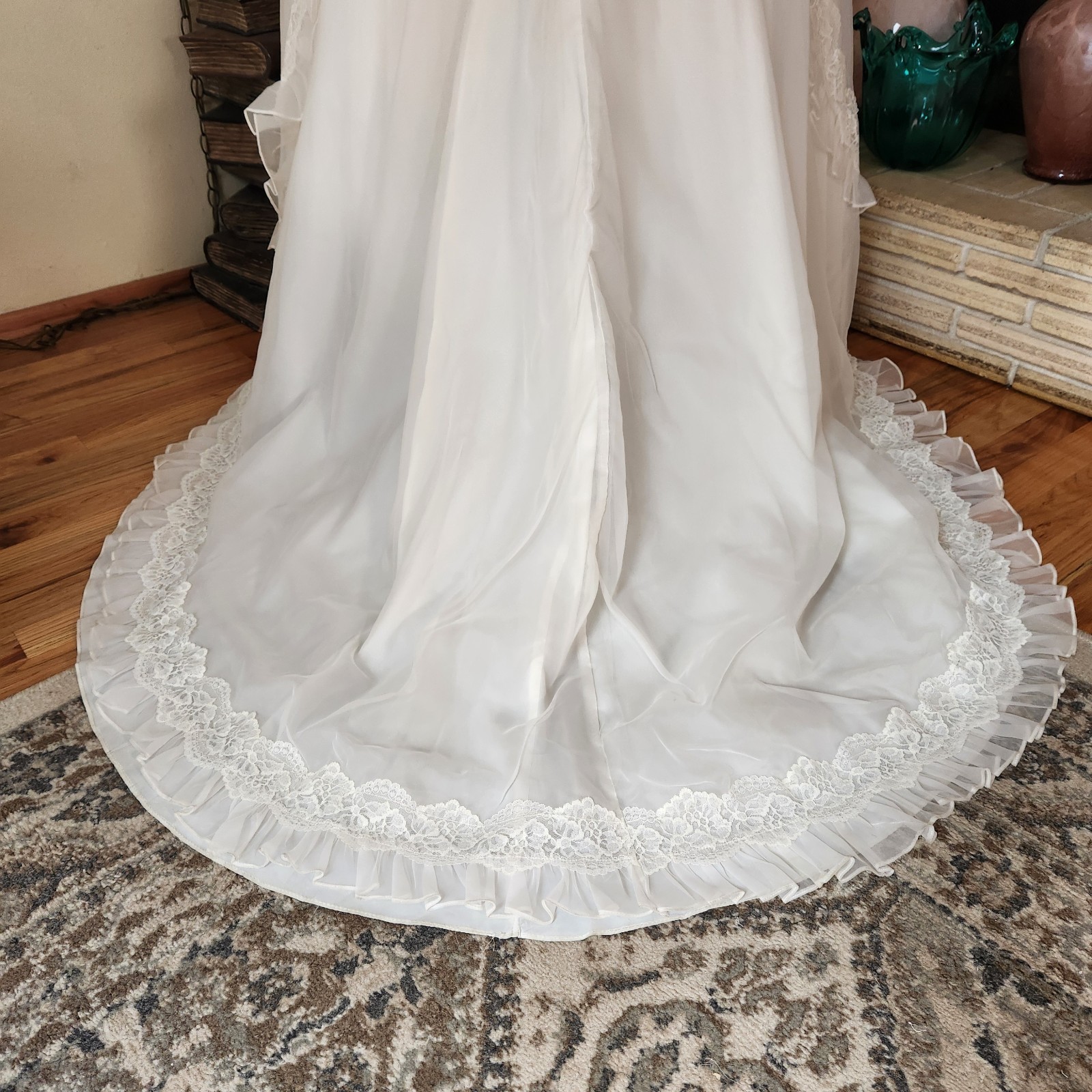 Vintage 70s Victorian Prairie Lace Wedding Gown & Veil Set
