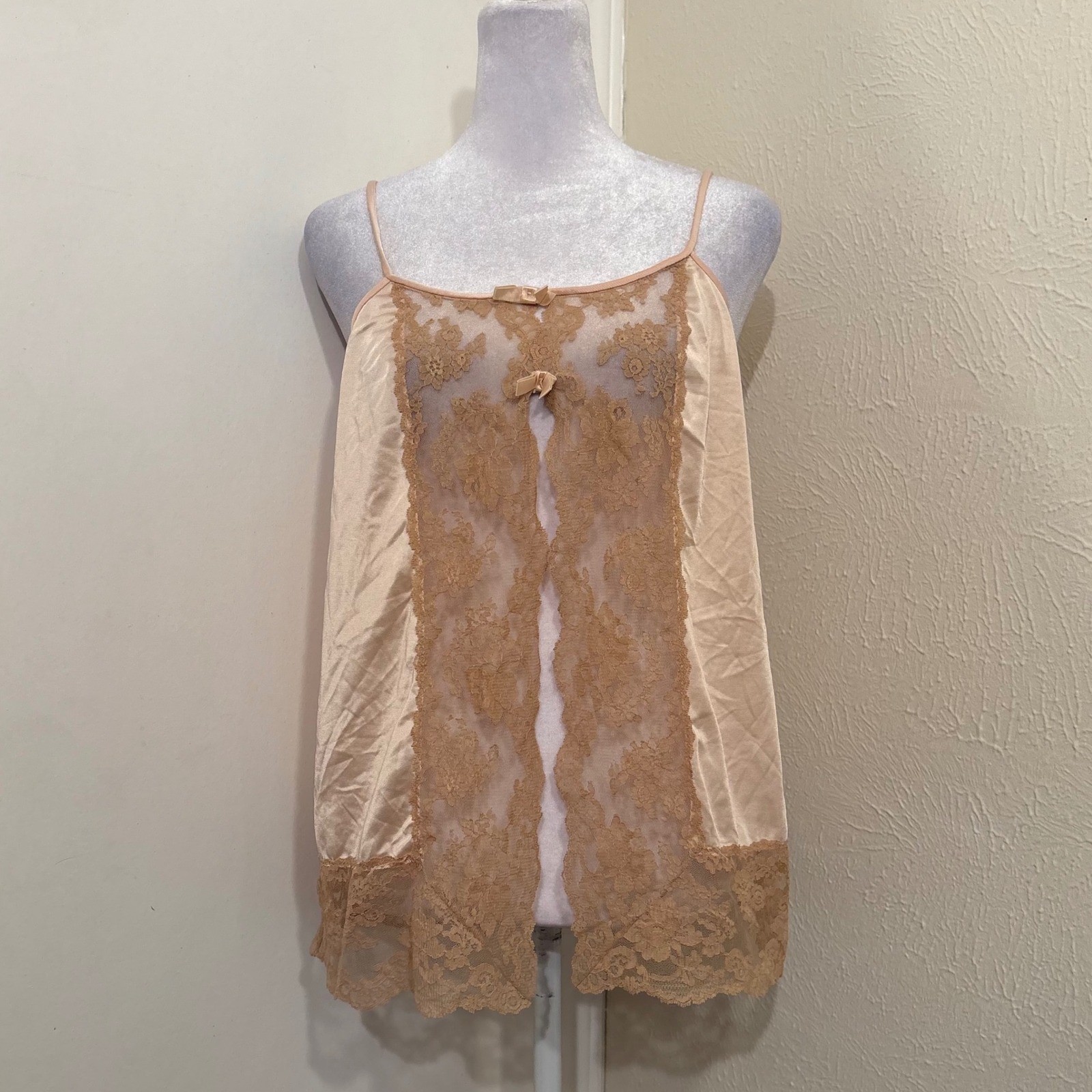 Vintage 60s Henson Kickernick Peach Lace Camisole Split Front Satin Nylon Fairy
