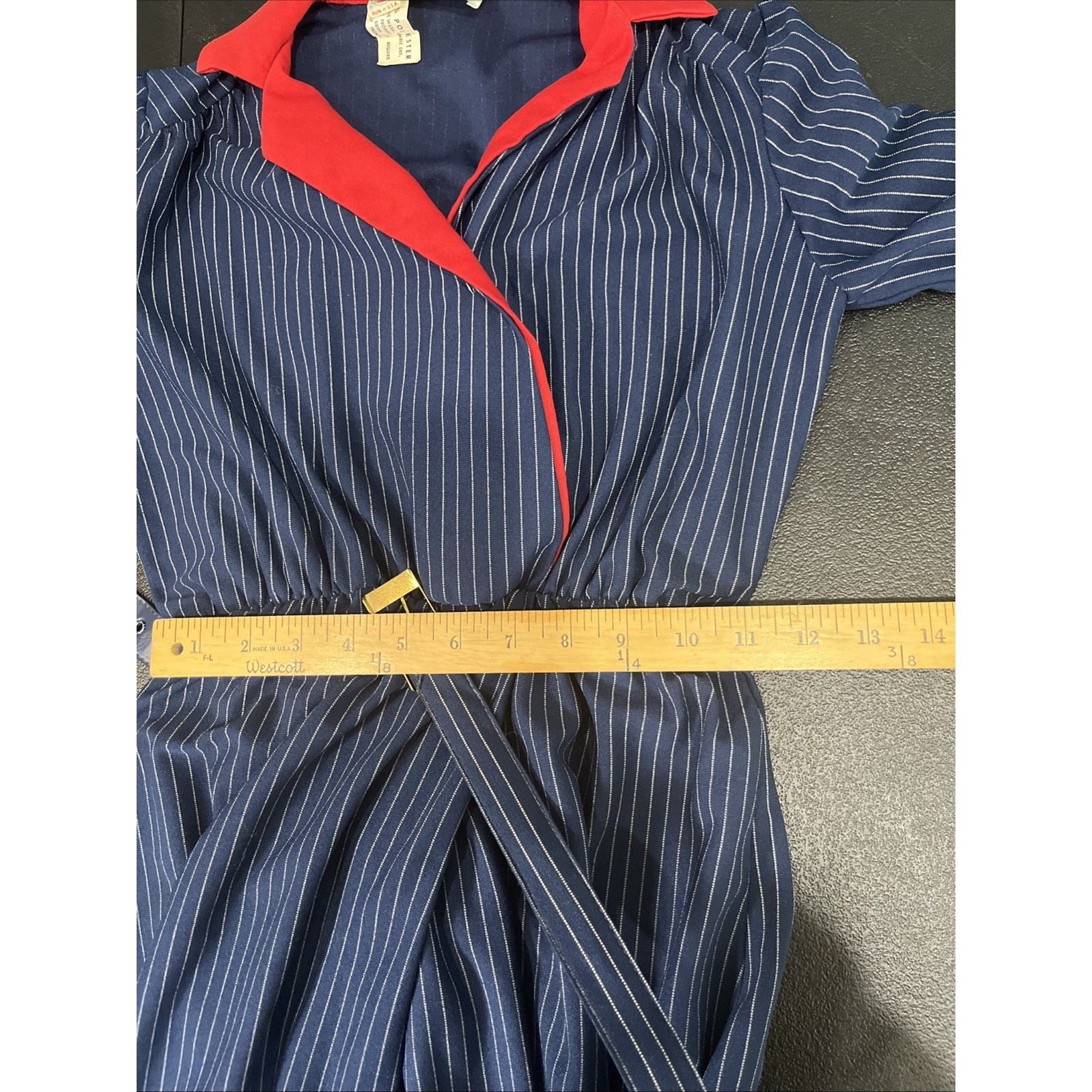 Lady Carol Petites Dress Womens S Navy Blue Pinstripe Collar Belted Vintage 70s