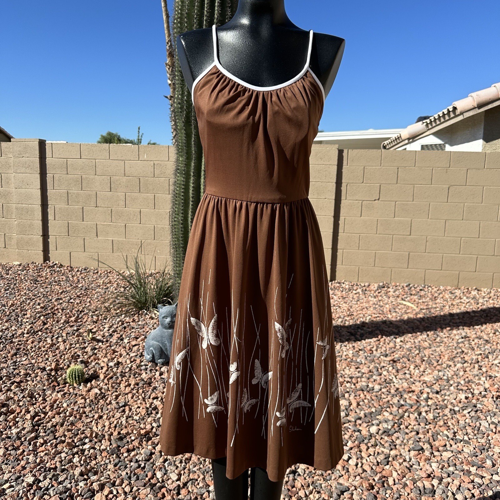 Vintage 70s Alfred Shaheen Brown Pleated Butterfly Dress Bolero Set Fits Sz 8