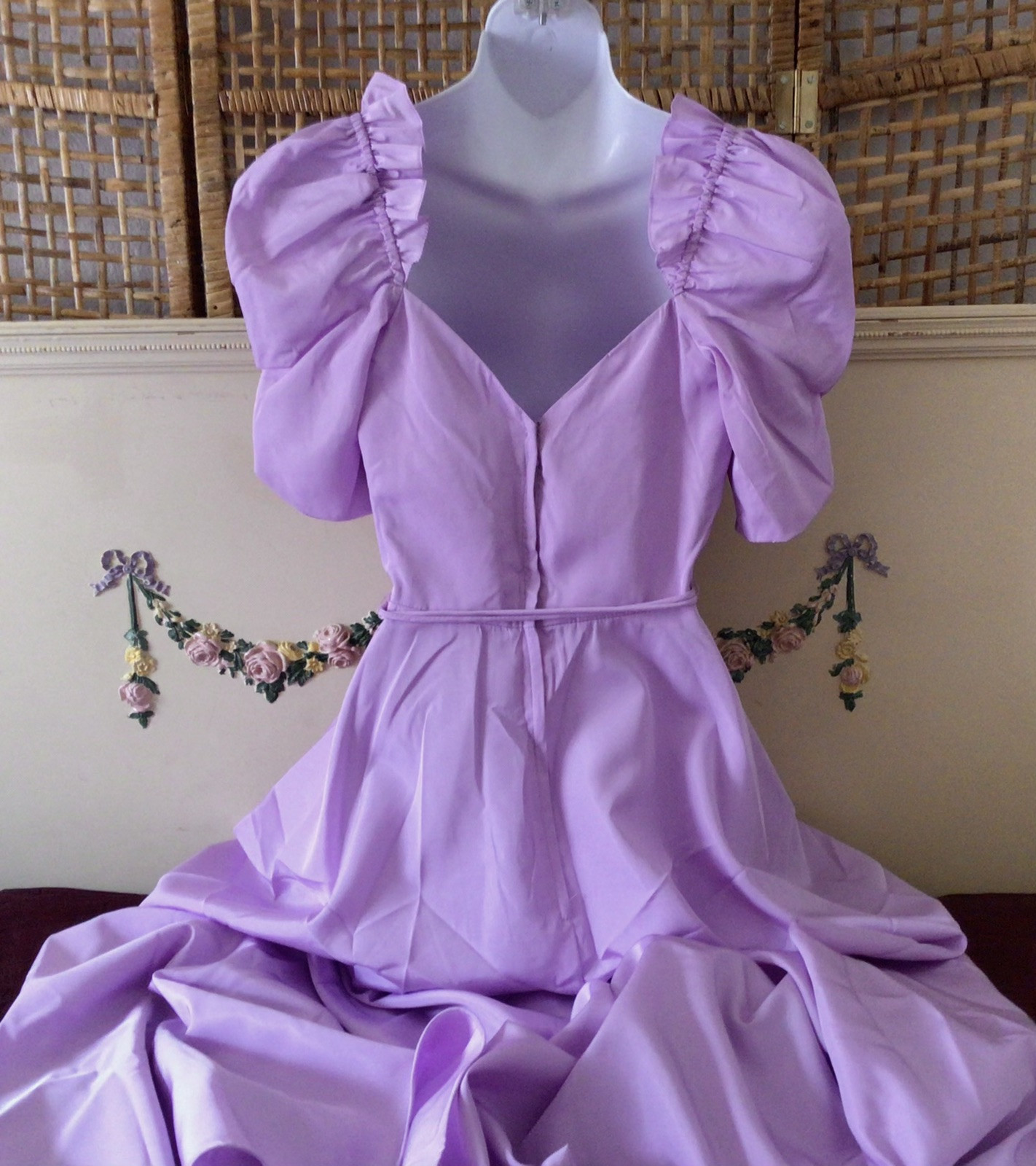 Vtg 80’s Lavender Purple Taffeta Puff Sleeve Prom Bridesmaid Dress XS/S