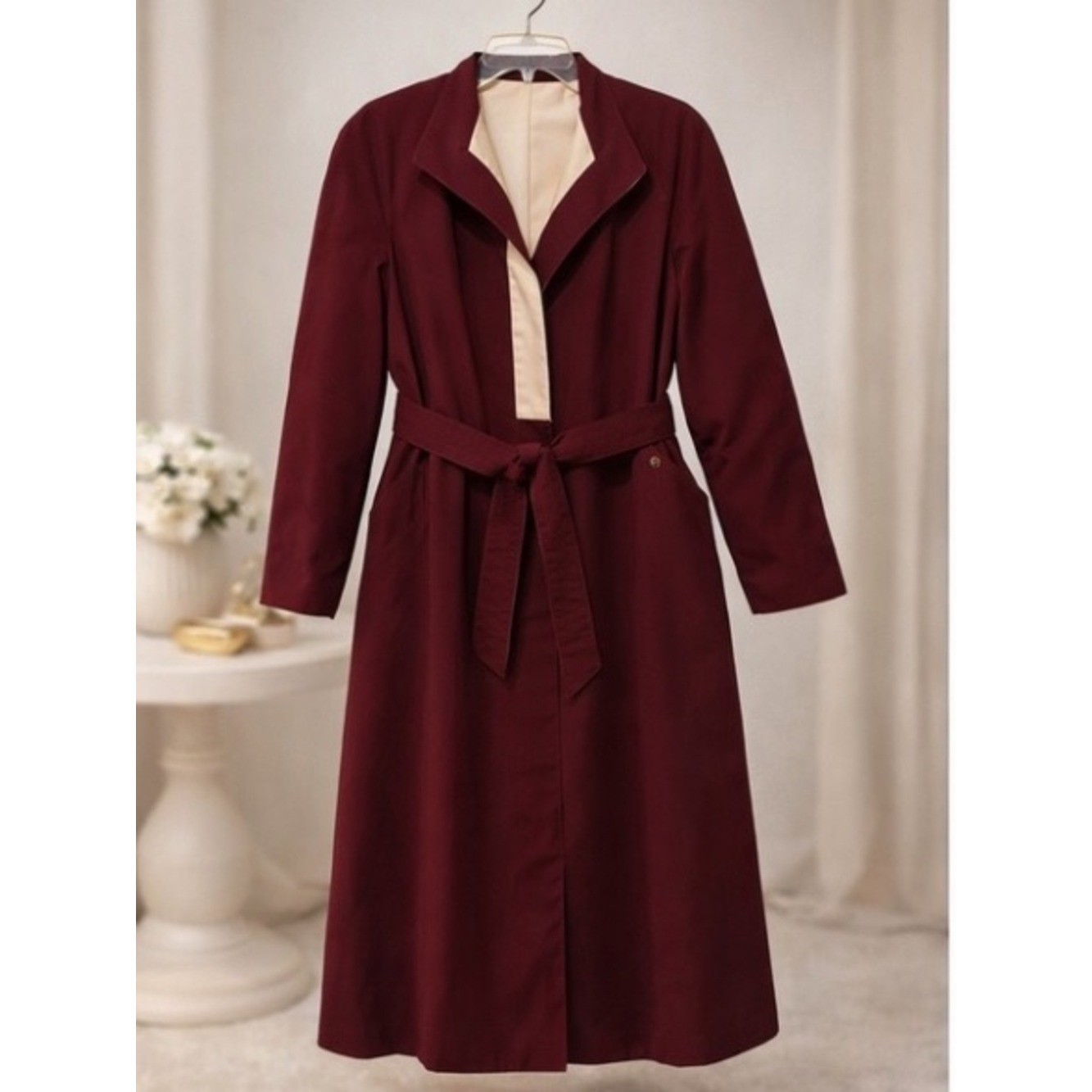 ETIENNE AIGNER Reversible Belted Trench Coat in Burgundy with Beige Sz 10 NWOT