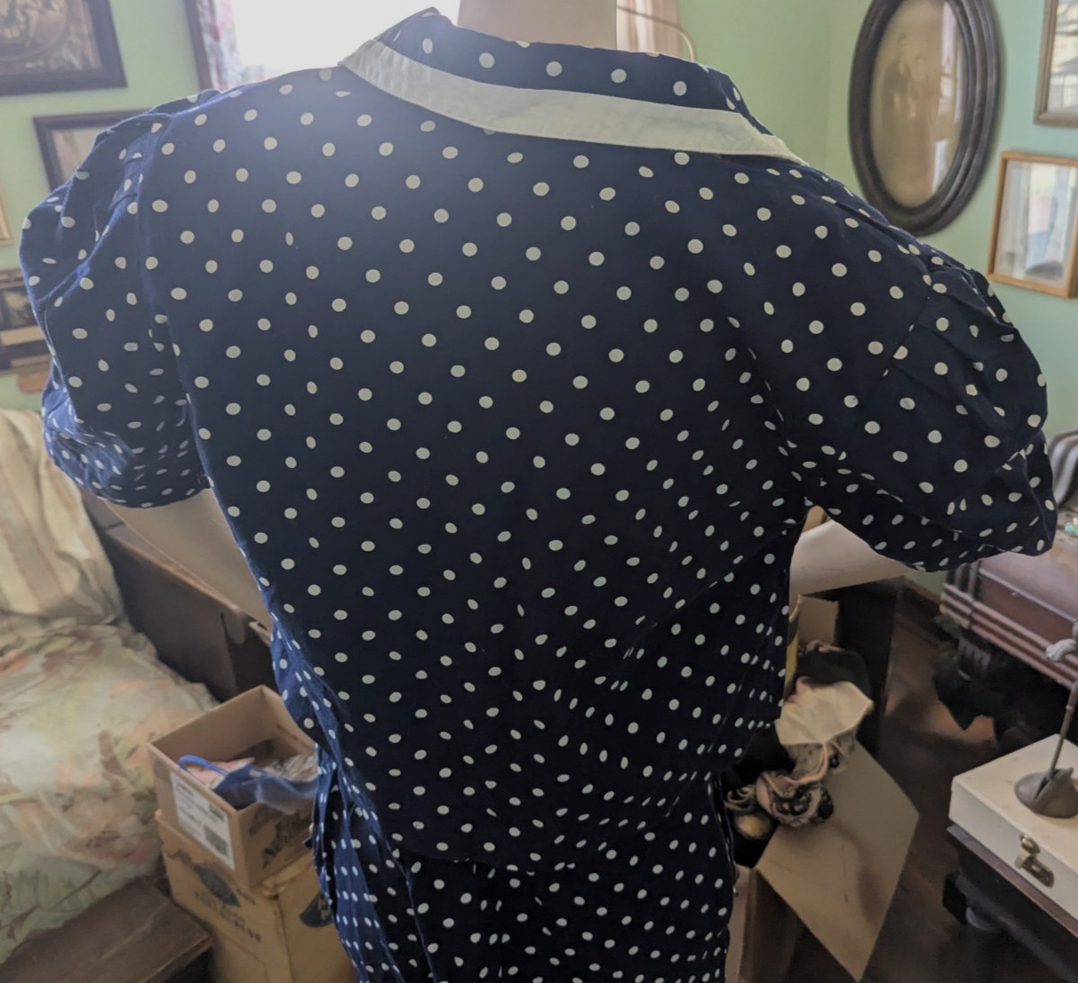 CHOON California Vtg 80s Polka Dot suit skirt short jacket Navy White sz16 EUC